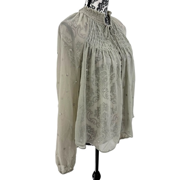 Free People Ready To Run Embellished Smocked Sheer Blouse Grey Mist Boho Chic - Picture 7 of 13